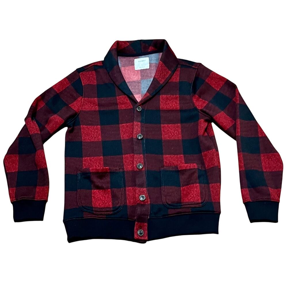 Cardigan Shawl Collar Buffalo Plaid Red Black Womens Medium Microfleece Old Navy